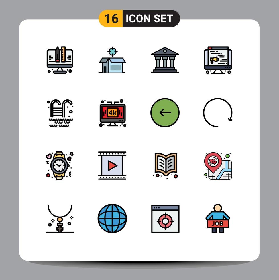 paquete de línea de vector editable de 16 líneas llenas de color plano simple de elementos de diseño de vector creativo editable de computadora web de banco de piscina de parque