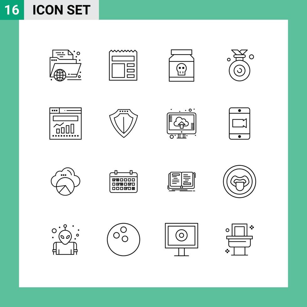 Mobile Interface Outline Set of 16 Pictograms of winner medal ui toxic poison Editable Vector Design Elements