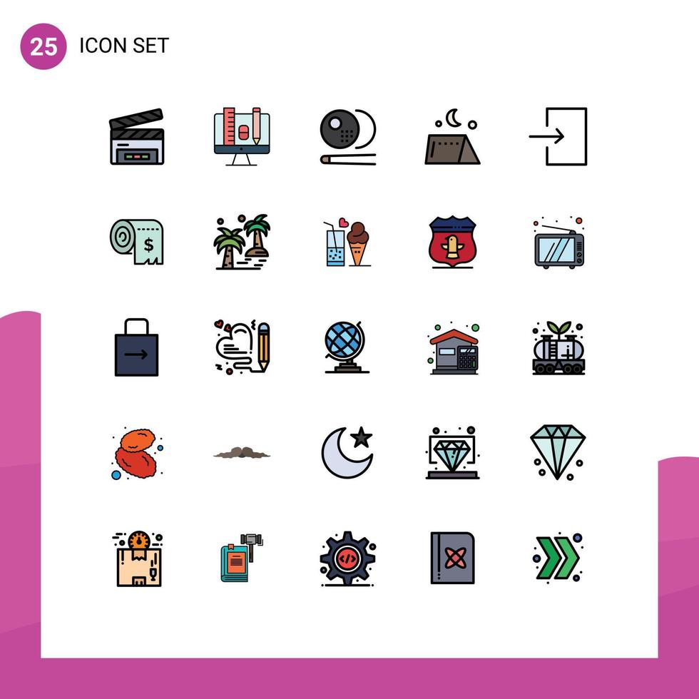 25 líneas llenas de vectores temáticos colores planos y símbolos editables de elementos de diseño de vectores editables para acampar en la tienda de billar de viaje