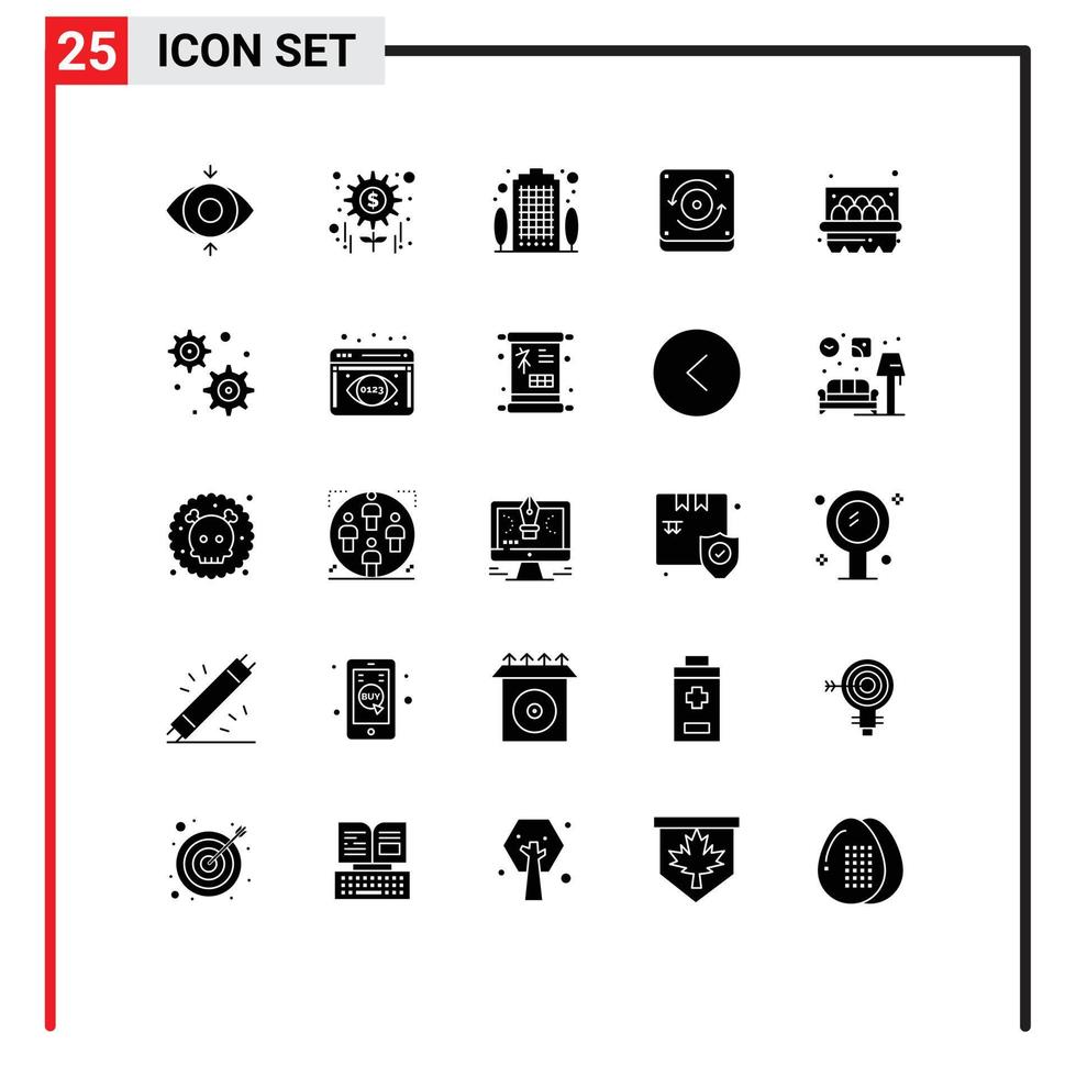 conjunto de 25 glifos sólidos vectoriales en la cuadrícula para la configuración de engranajes elementos de diseño vectorial editables del altavoz de la canasta de construcción de pascua vector