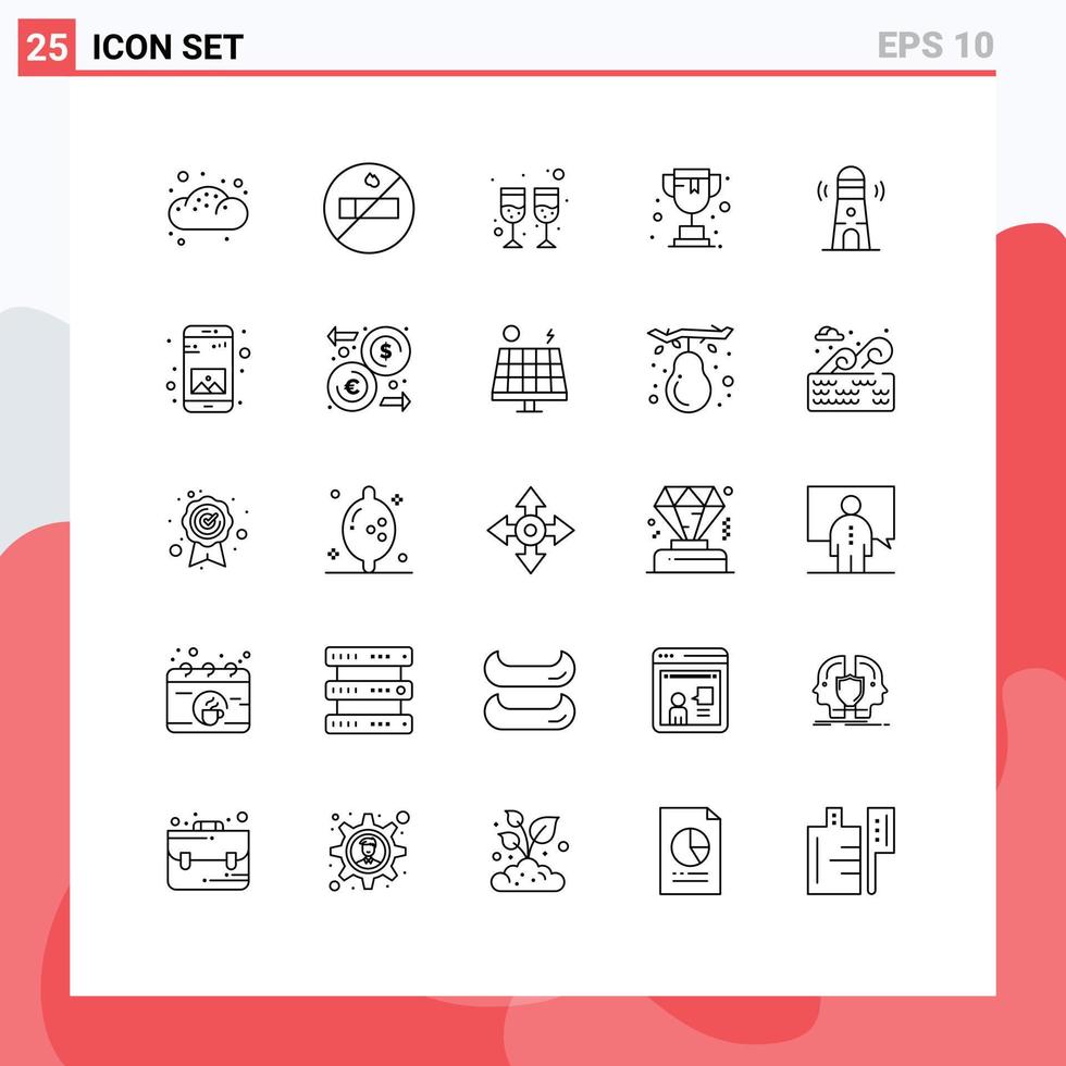 Modern Set of 25 Lines Pictograph of application tower wine lighthouse beach Editable Vector Design Elements