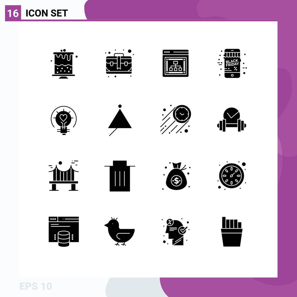 Universal Icon Symbols Group of 16 Modern Solid Glyphs of light bulb seo discount black friday Editable Vector Design Elements