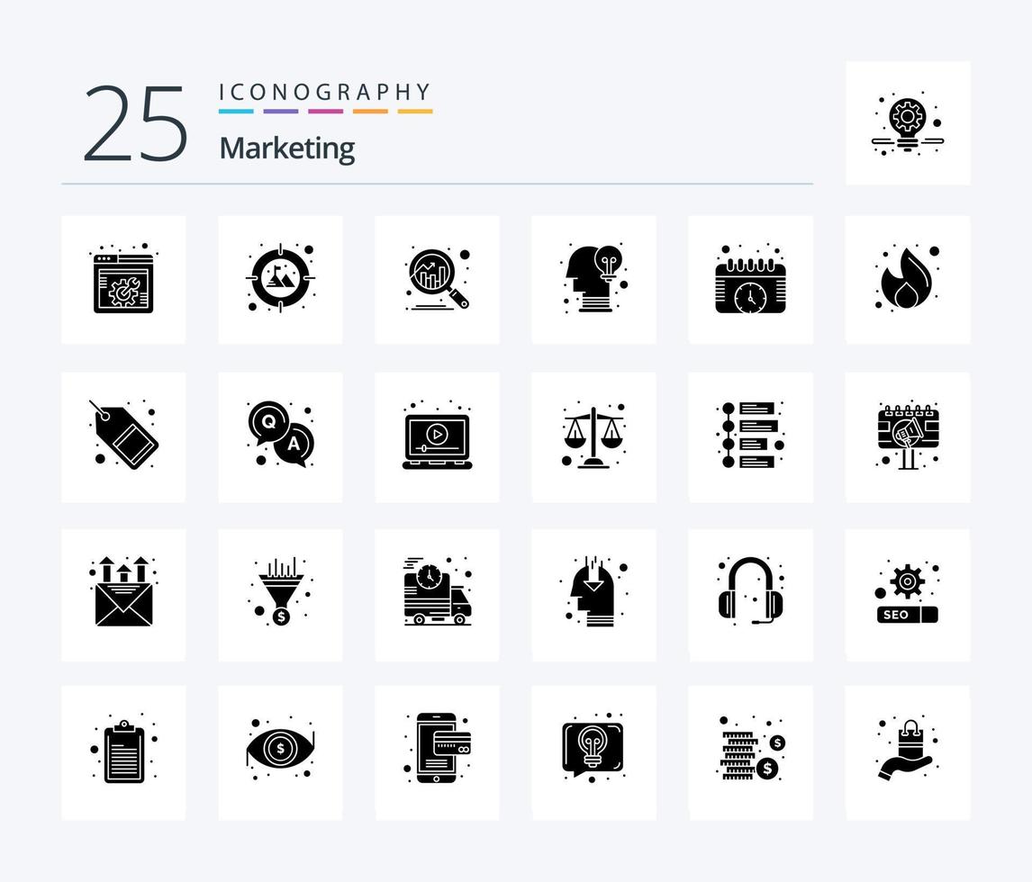 Marketing 25 Solid Glyph icon pack including watch. events. chart. calendar. idea vector
