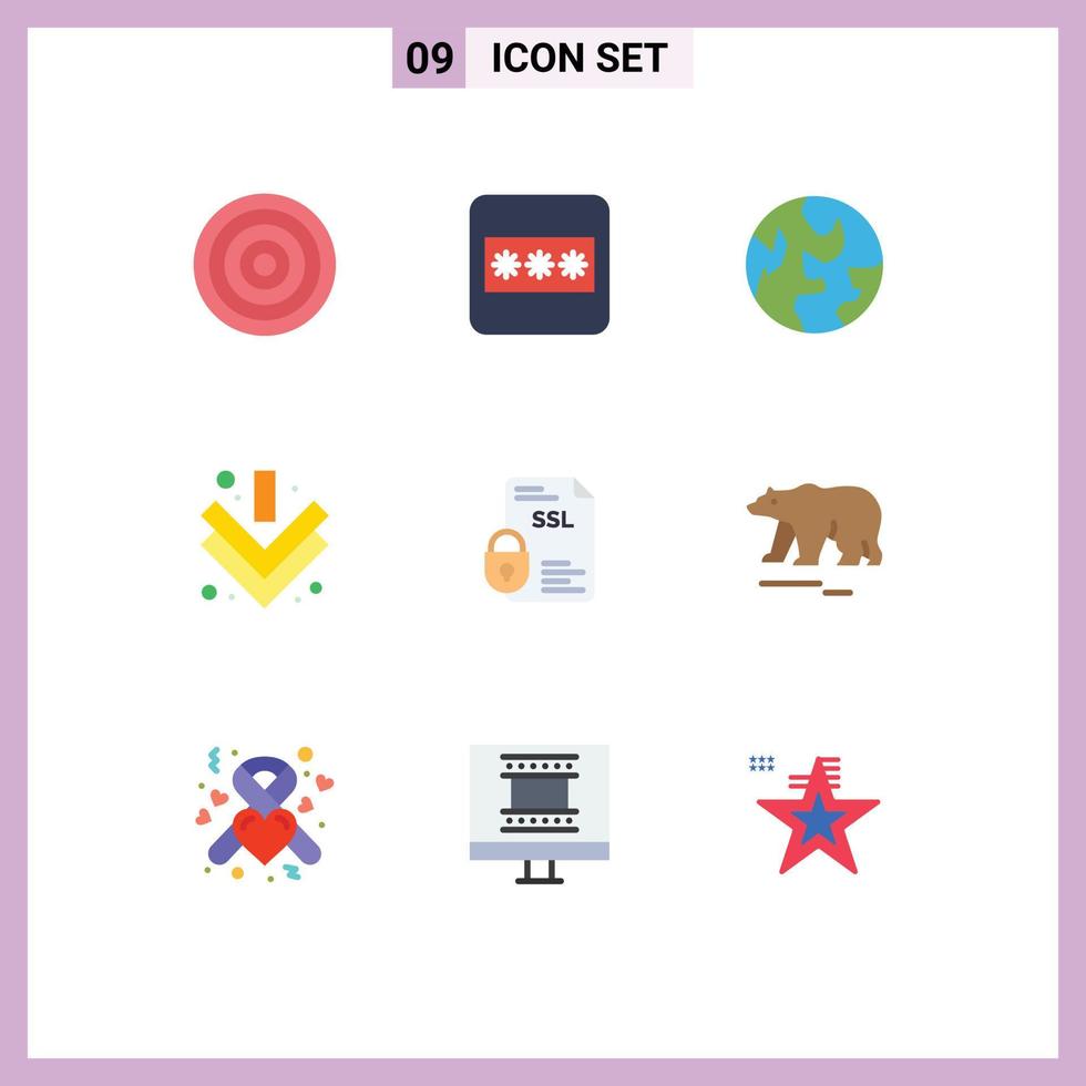 Pictogram Set of 9 Simple Flat Colors of ssl document planet certificate full Editable Vector Design Elements