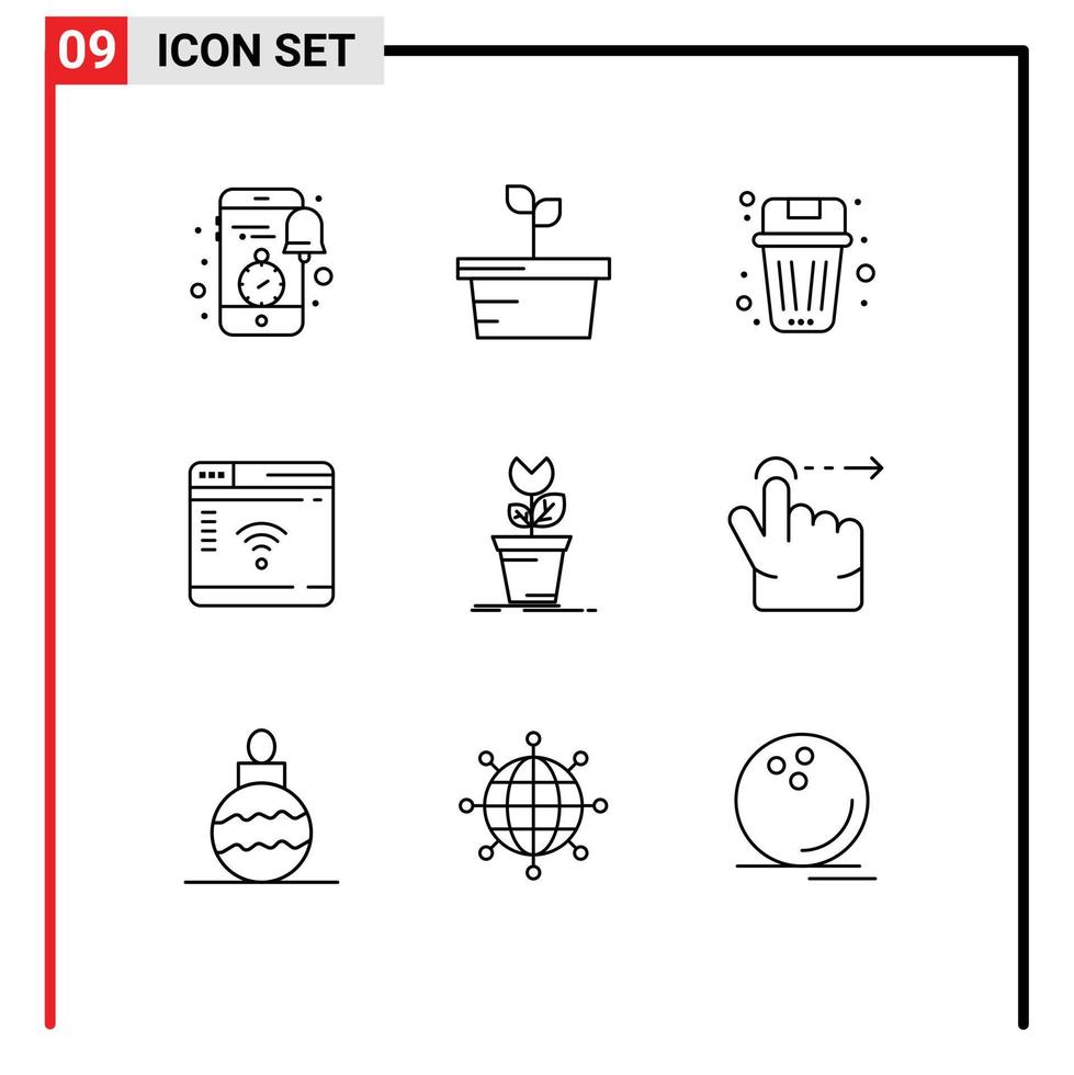 Pack of 9 creative Outlines of adventure router basket iot trash Editable Vector Design Elements