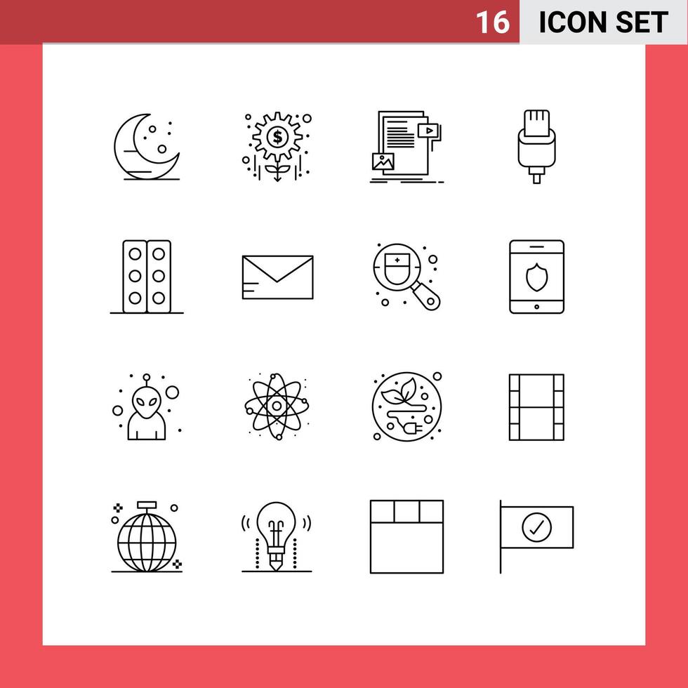 16 User Interface Outline Pack of modern Signs and Symbols of lab lightning document connector cable Editable Vector Design Elements