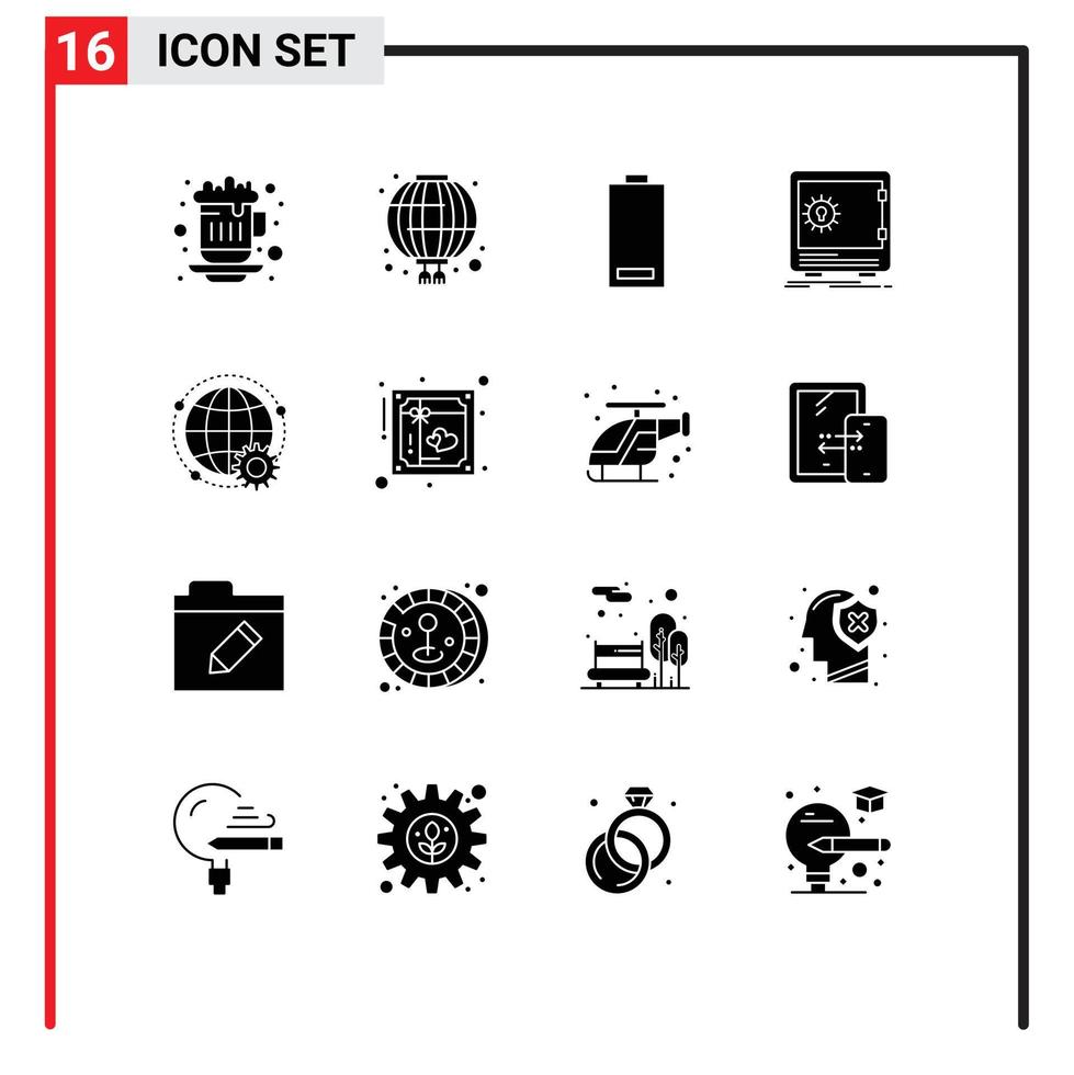 Pack of 16 Modern Solid Glyphs Signs and Symbols for Web Print Media such as strongbox safe battery deposit low Editable Vector Design Elements