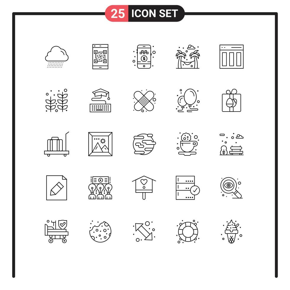 25 Universal Lines Set for Web and Mobile Applications content columns online cab booking garden hammock Editable Vector Design Elements