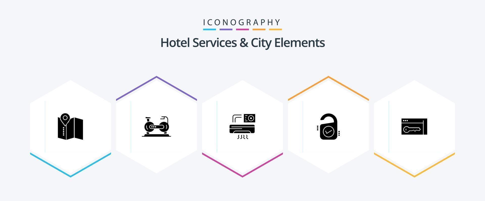 Hotel Services And City Elements 25 Glyph icon pack including security. sign. air. hotel . tag vector