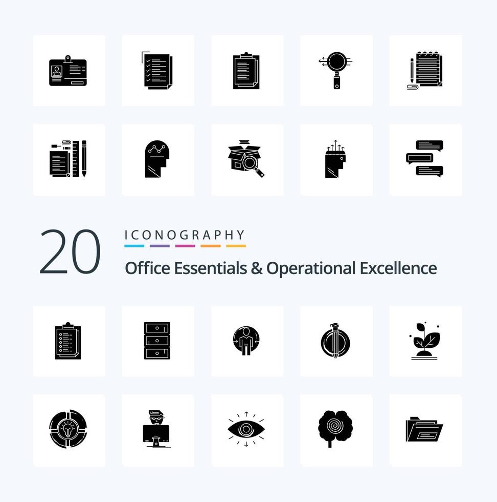 20 Office Essentials And Operational Exellence Solid Glyph icon Pack like user cupboard notepad closet safe vector