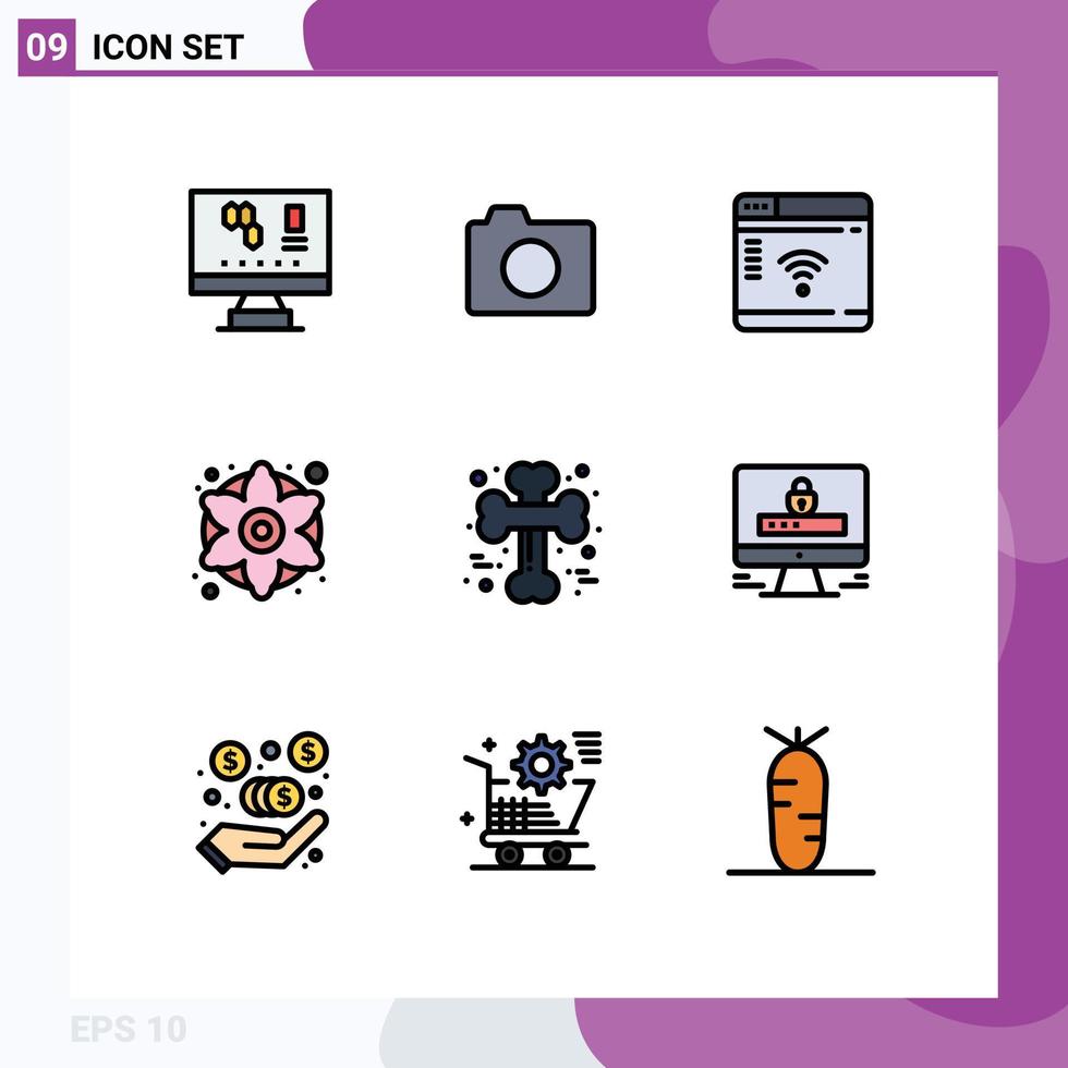 Mobile Interface Filledline Flat Color Set of 9 Pictograms of cross bone generic flower internet flowers colorful flowers Editable Vector Design Elements