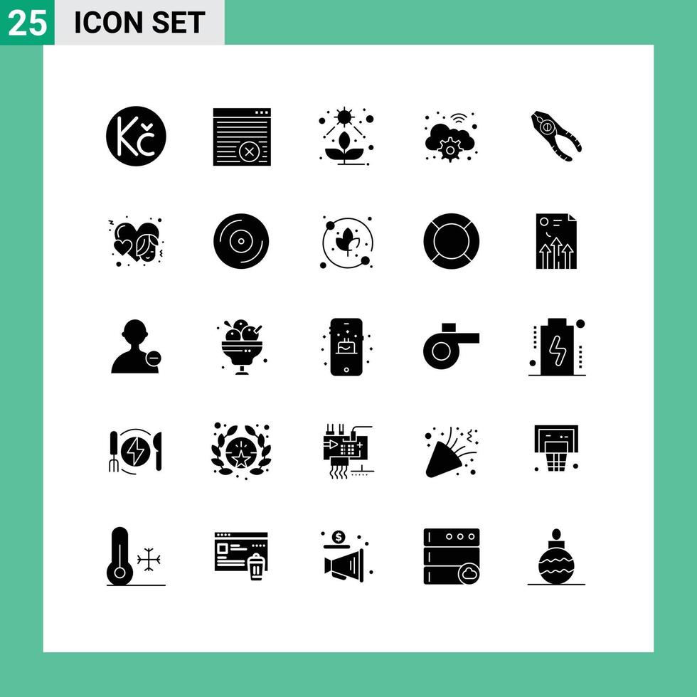 Set of 25 Vector Solid Glyphs on Grid for tongs pincers light digital gear Editable Vector Design Elements