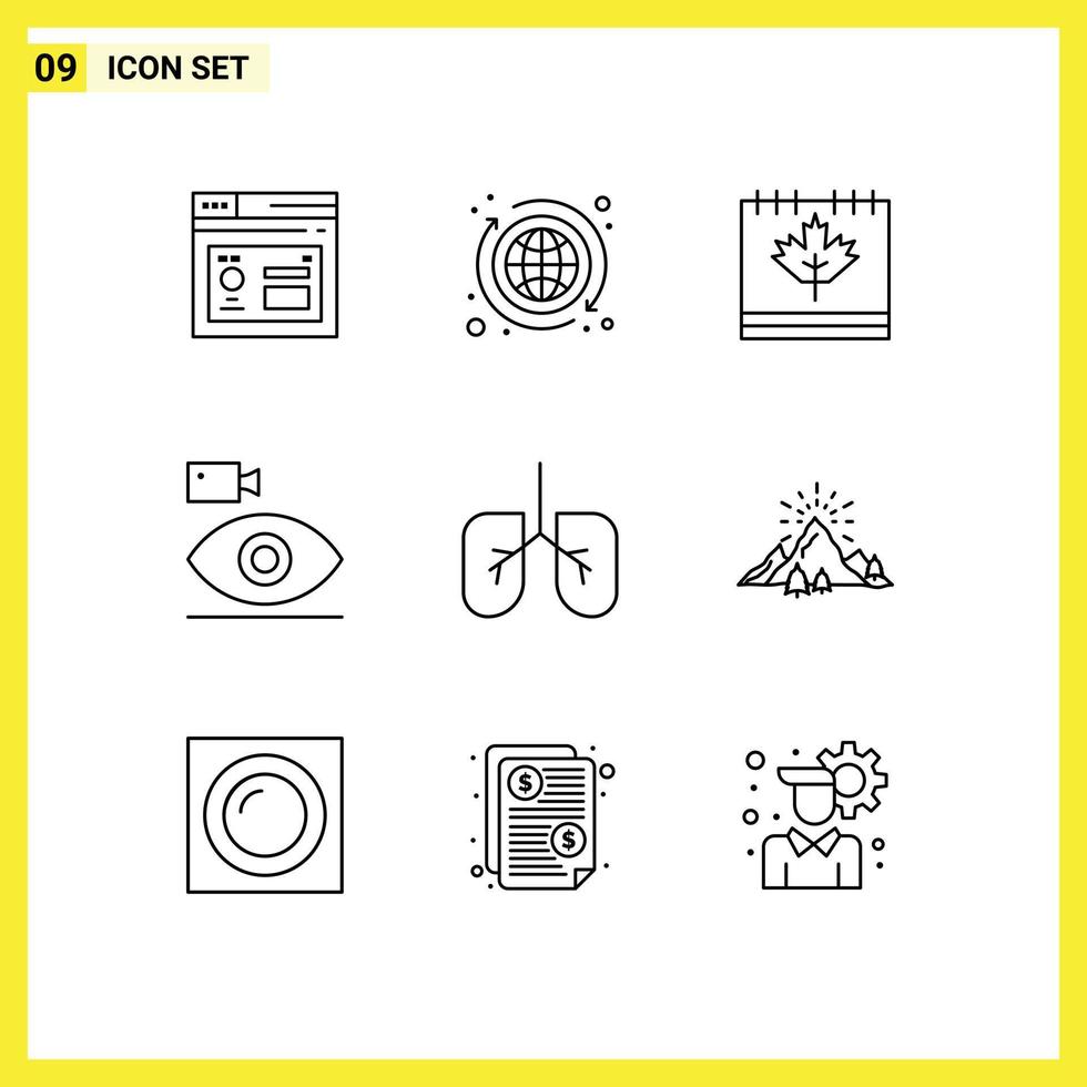 paquete de 9 signos y símbolos de contornos modernos para medios de impresión web, como elementos de diseño de vectores editables de hoja de videocámara de otoño de cámara de medios