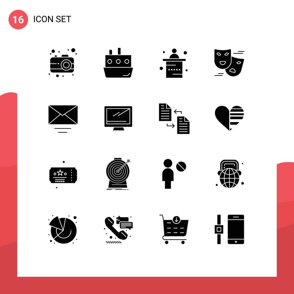 Set of 16 Commercial Solid Glyphs pack for email masks desk face masks carnival Editable Vector Design Elements