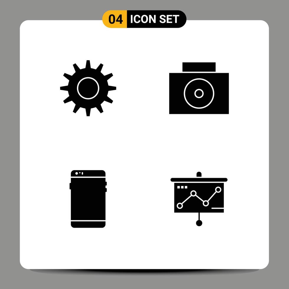 Pack of 4 creative Solid Glyphs of cogs samsung nuclear smart phone presentation Editable Vector Design Elements