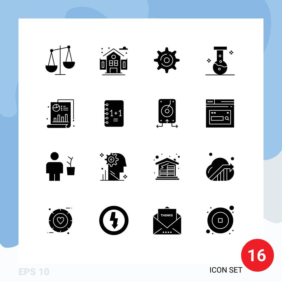 Pack of 16 Modern Solid Glyphs Signs and Symbols for Web Print Media such as education chart gear bar laboratory Editable Vector Design Elements