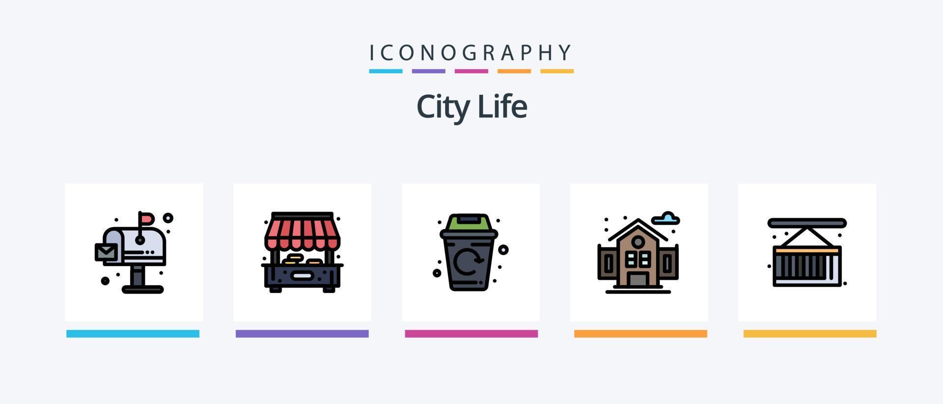 la línea de vida de la ciudad llenó el paquete de 5 íconos que incluye la vida de la ciudad. globo. la vida. globo. la vida. diseño de iconos creativos vector