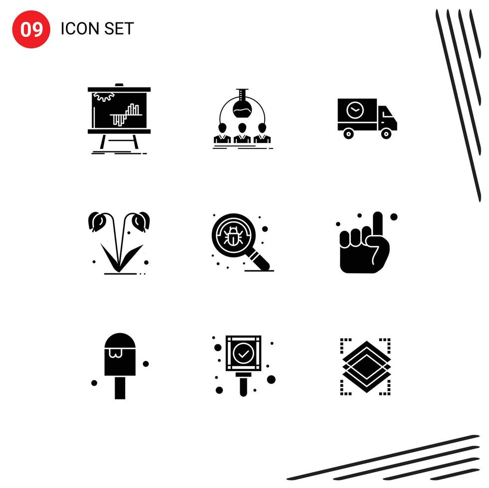 Group of 9 Modern Solid Glyphs Set for nature flower experiment truck shipping Editable Vector Design Elements