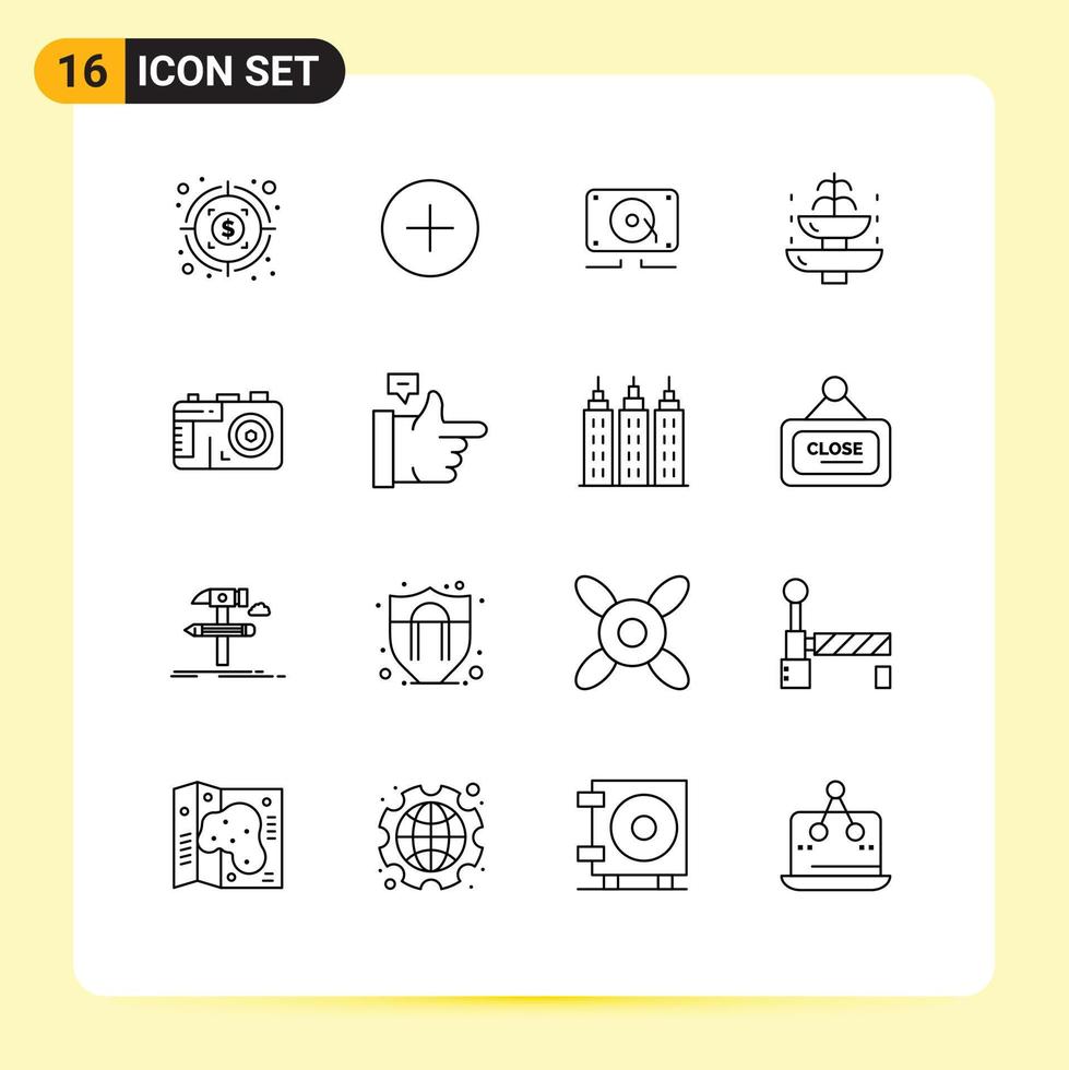 Pack of 16 creative Outlines of photo camera speaker tourist journey Editable Vector Design Elements