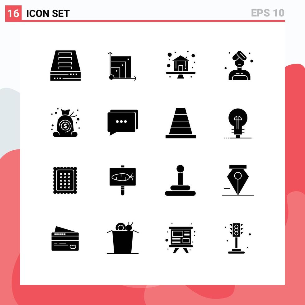 Set of 16 Commercial Solid Glyphs pack for money bag premium sauna woman Editable Vector Design Elements