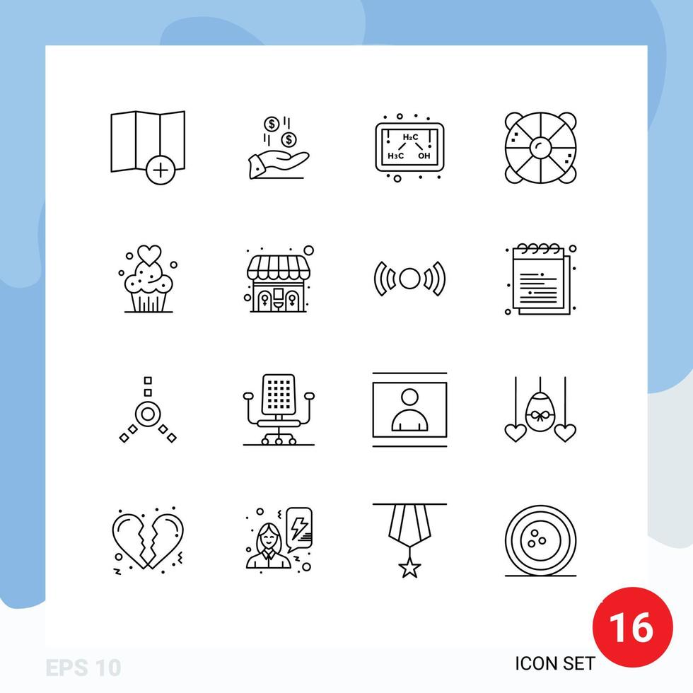 Set of 16 Modern UI Icons Symbols Signs for cake sea chemistry rescue beach Editable Vector Design Elements