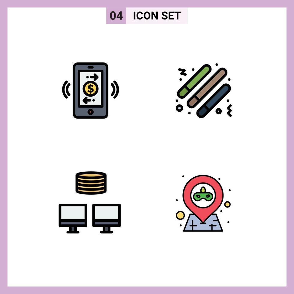 4 Universal Filledline Flat Color Signs Symbols of connections database communications party location Editable Vector Design Elements