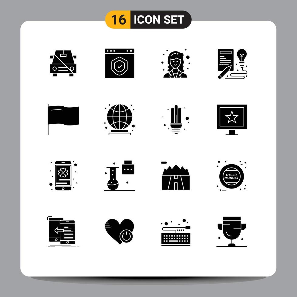 Modern Set of 16 Solid Glyphs and symbols such as process idea page book researcher Editable Vector Design Elements