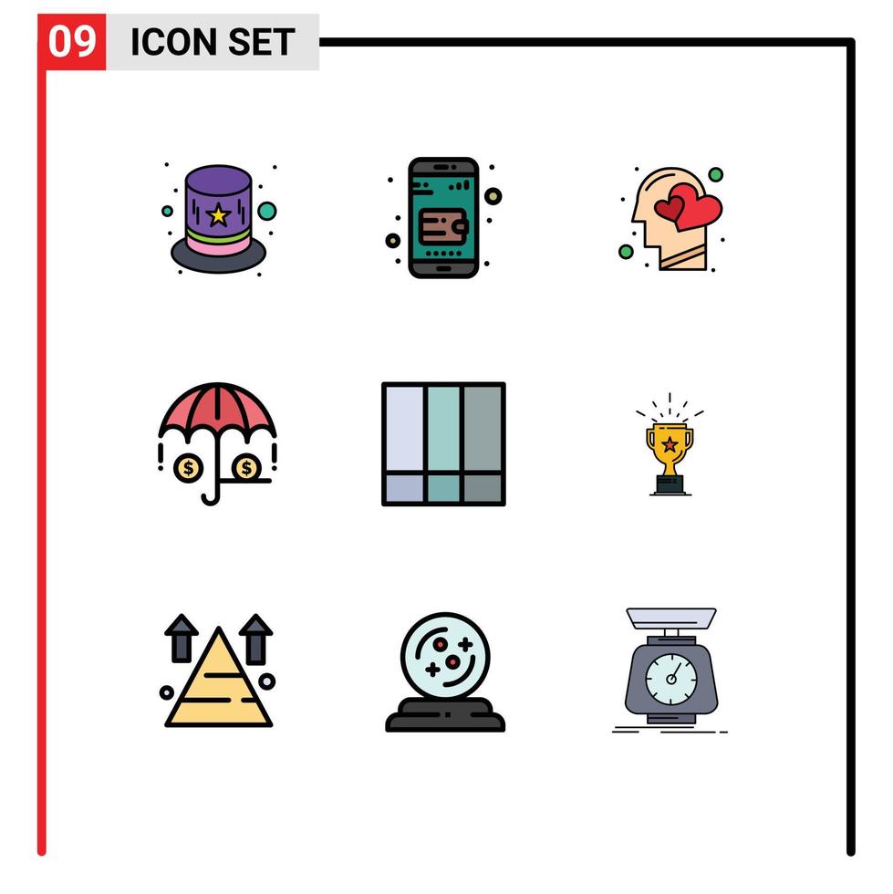 Mobile Interface Filledline Flat Color Set of 9 Pictograms of lines grid layout head grid insurance Editable Vector Design Elements