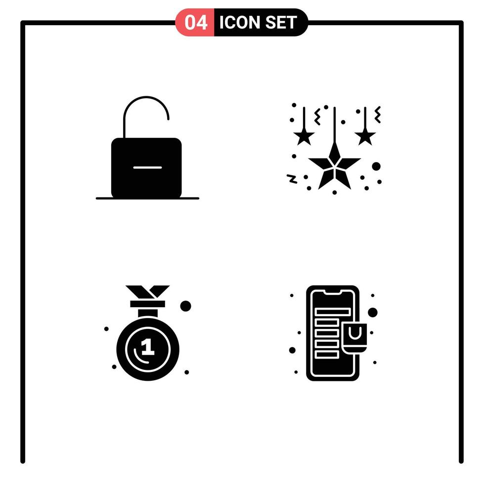 User Interface Pack of 4 Basic Solid Glyphs of lock badge security decoration medal Editable Vector Design Elements