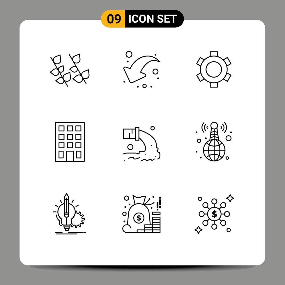 Pictogram Set of 9 Simple Outlines of radioactive pipe basic construction building Editable Vector Design Elements