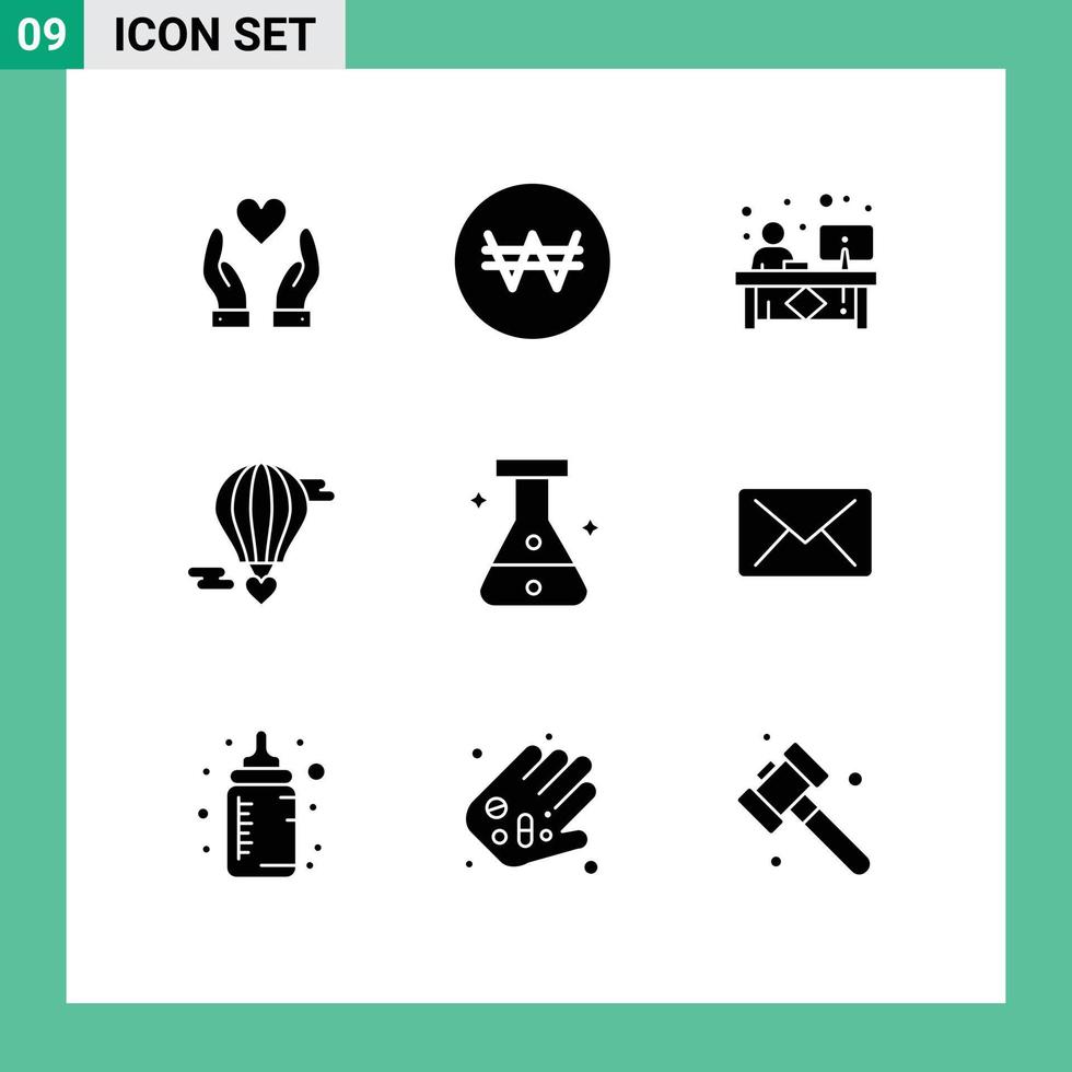 Modern Set of 9 Solid Glyphs Pictograph of medical valentine desk love flying baloon Editable Vector Design Elements