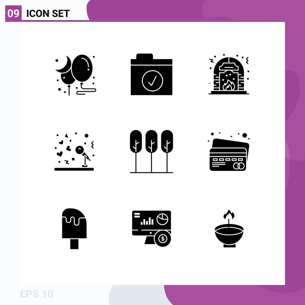 Universal Icon Symbols Group of 9 Modern Solid Glyphs of tree reception culture music marriage Editable Vector Design Elements