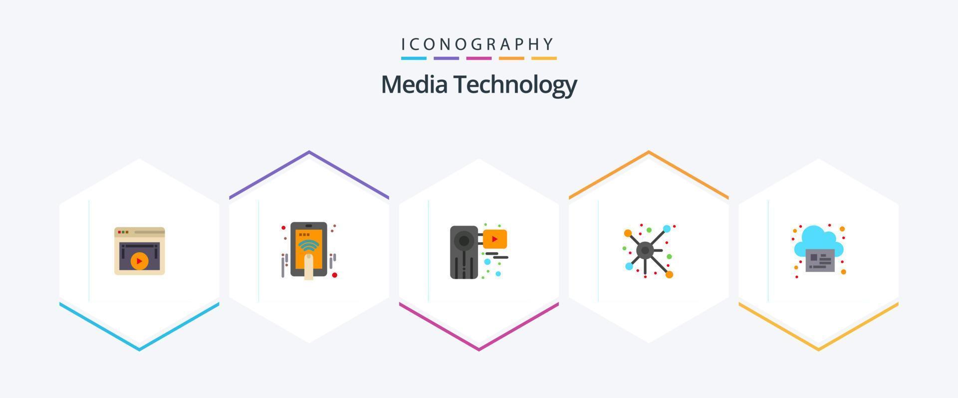 Media Technology 25 Flat icon pack including connection. network. gesture. distribute. recorder vector