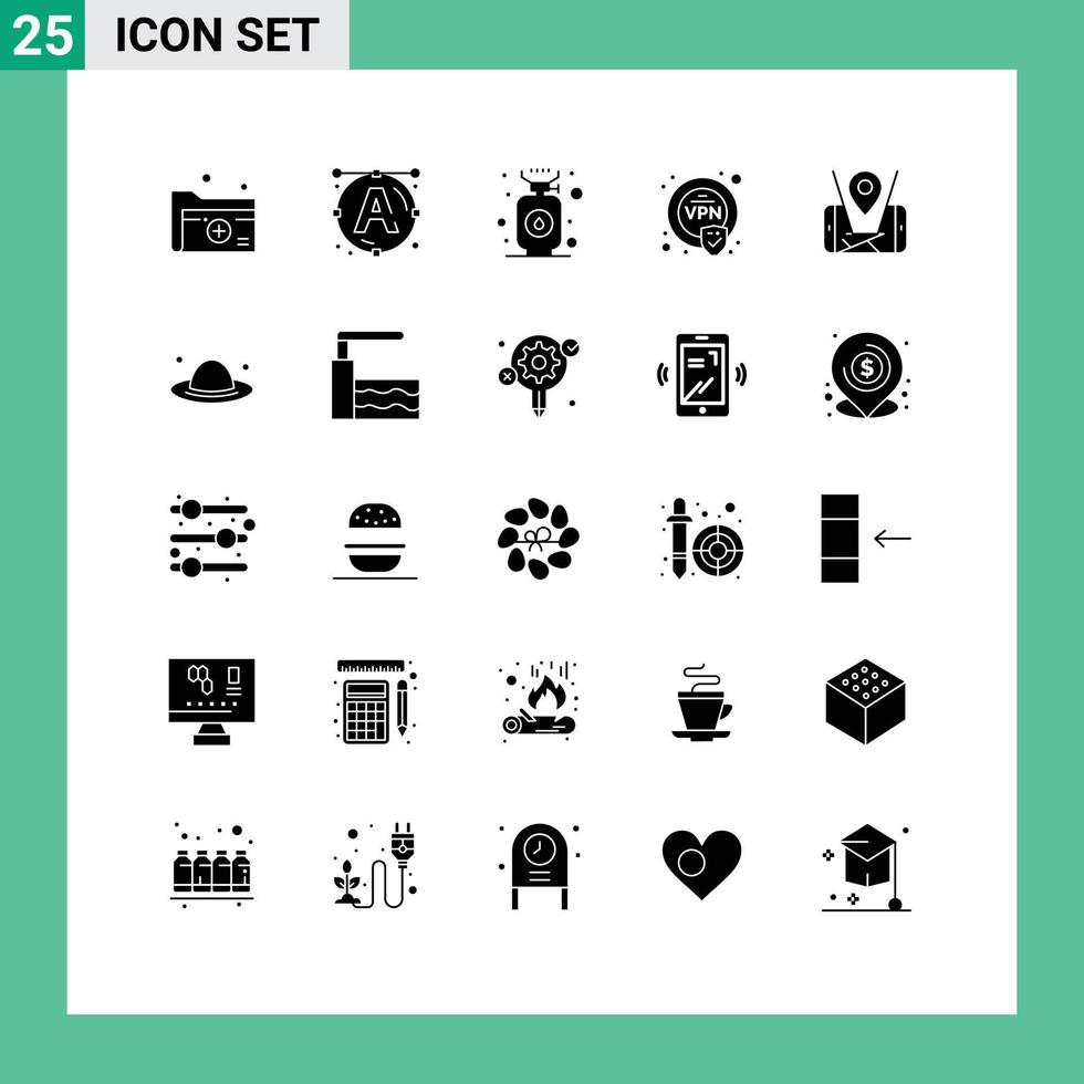 User Interface Pack of 25 Basic Solid Glyphs of location map camping vpn encryption Editable Vector Design Elements
