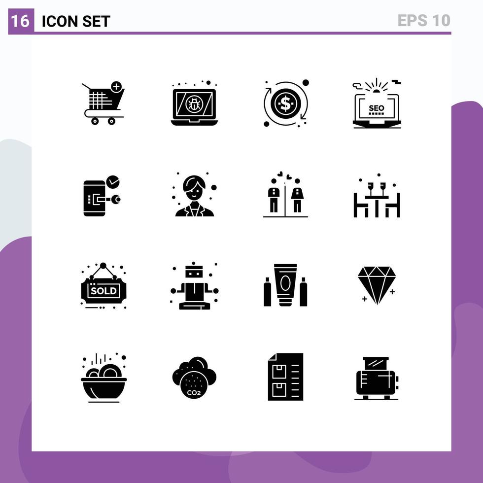 Group of 16 Solid Glyphs Signs and Symbols for lock web dollar configuration laptop Editable Vector Design Elements