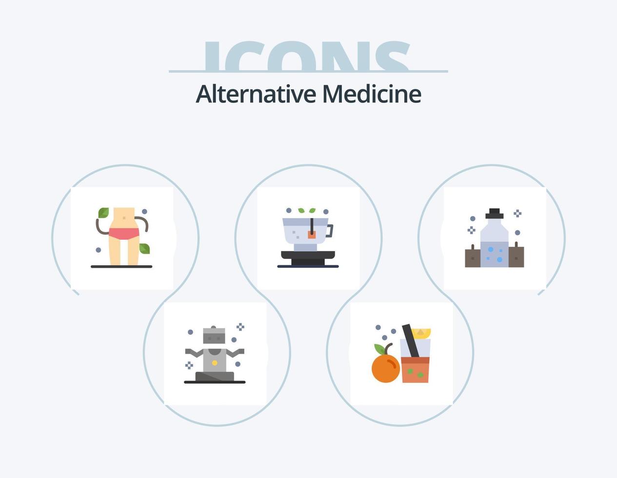 paquete de iconos planos de medicina alternativa 5 diseño de iconos. masaje. té. dieta. planta. lámina vector