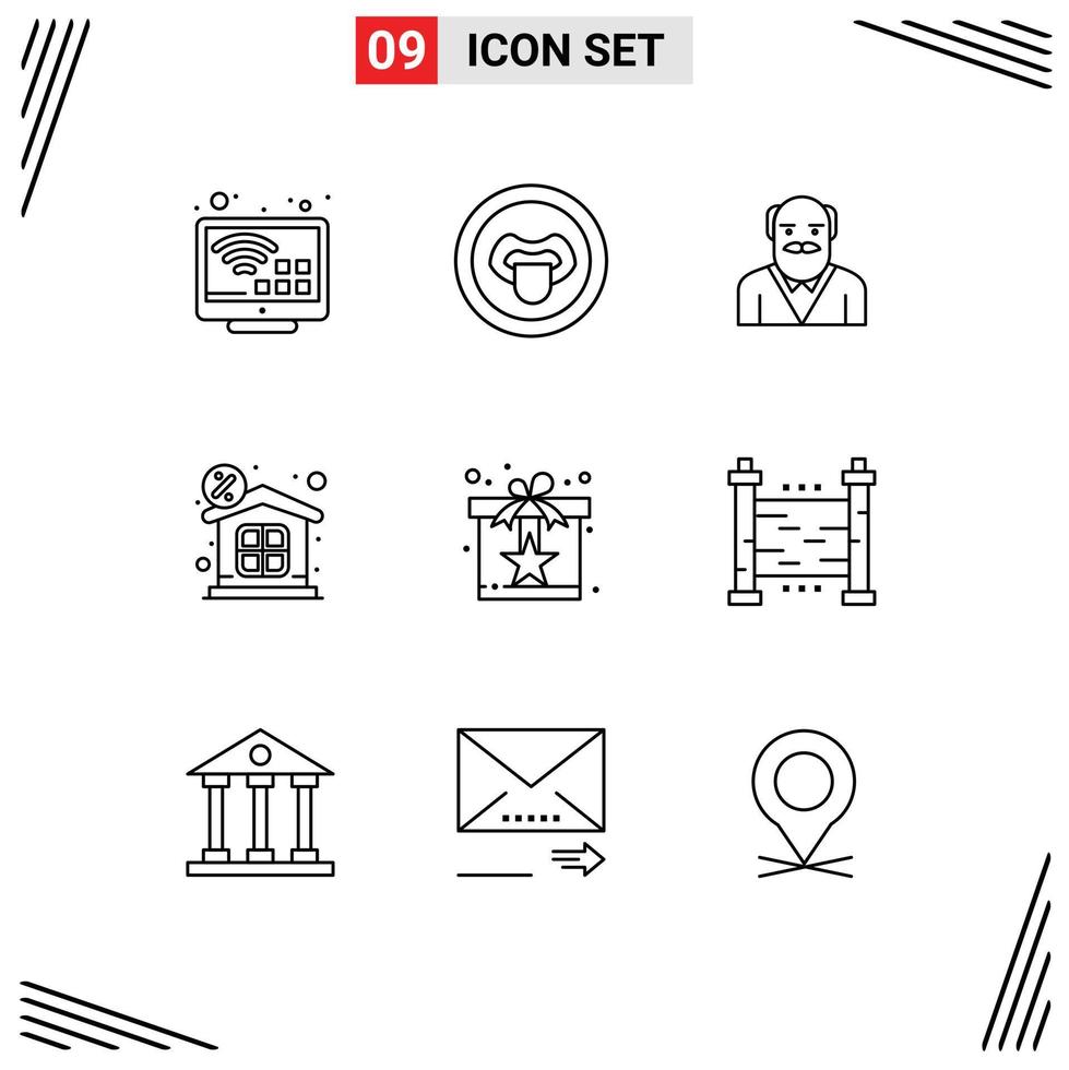 Modern Set of 9 Outlines and symbols such as present property grandpaa money discount Editable Vector Design Elements