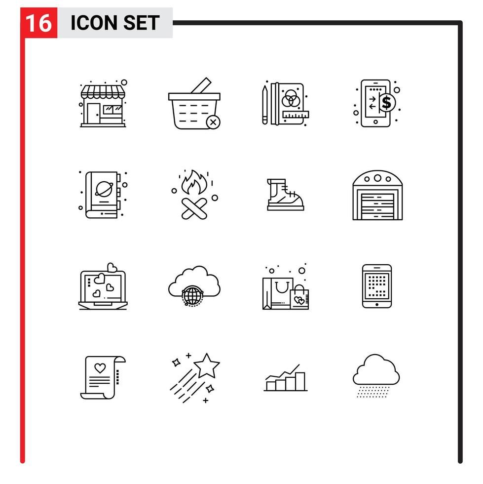 Modern Set of 16 Outlines Pictograph of science fiction process book finance Editable Vector Design Elements