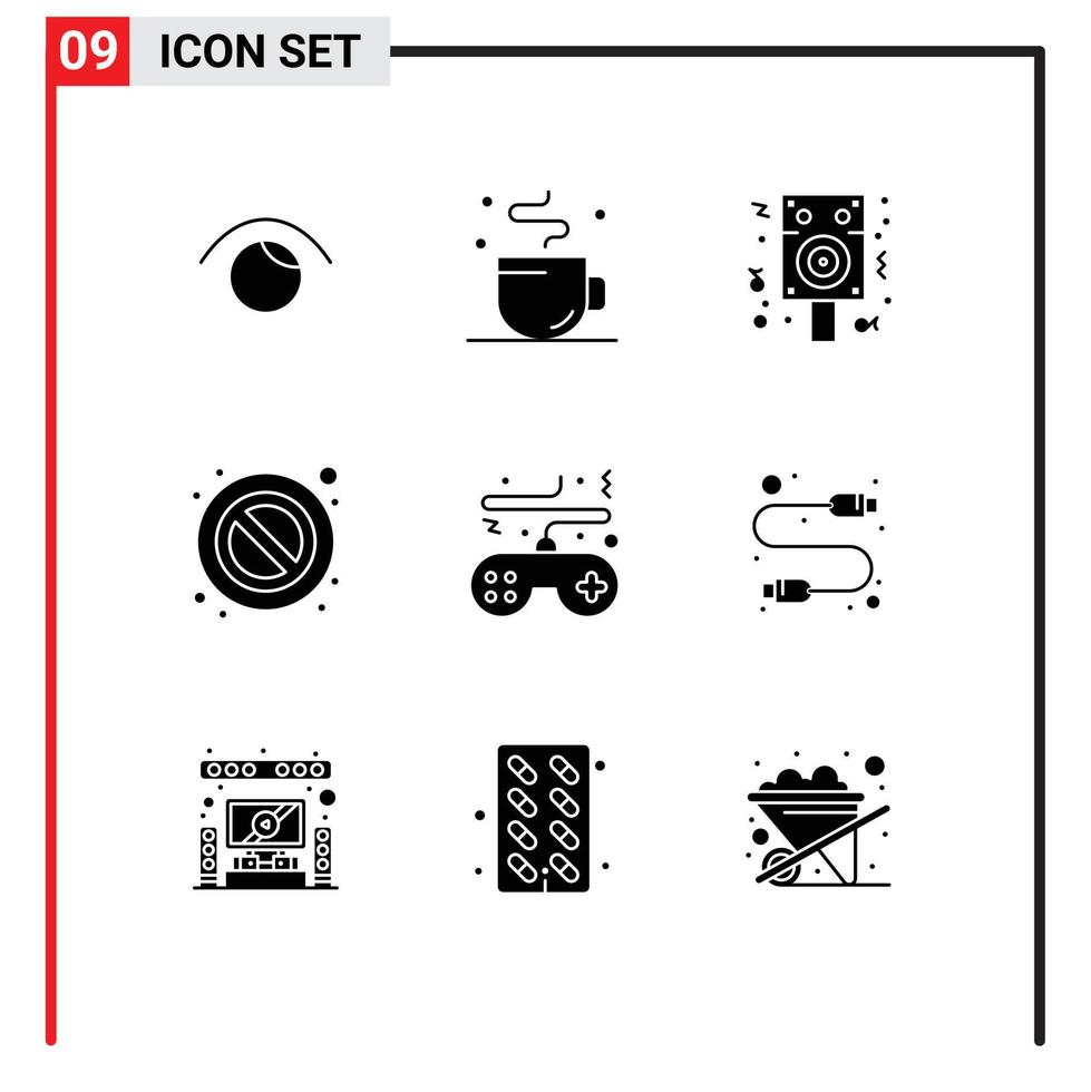 Pack of 9 creative Solid Glyphs of console game speaker warning forbidden Editable Vector Design Elements