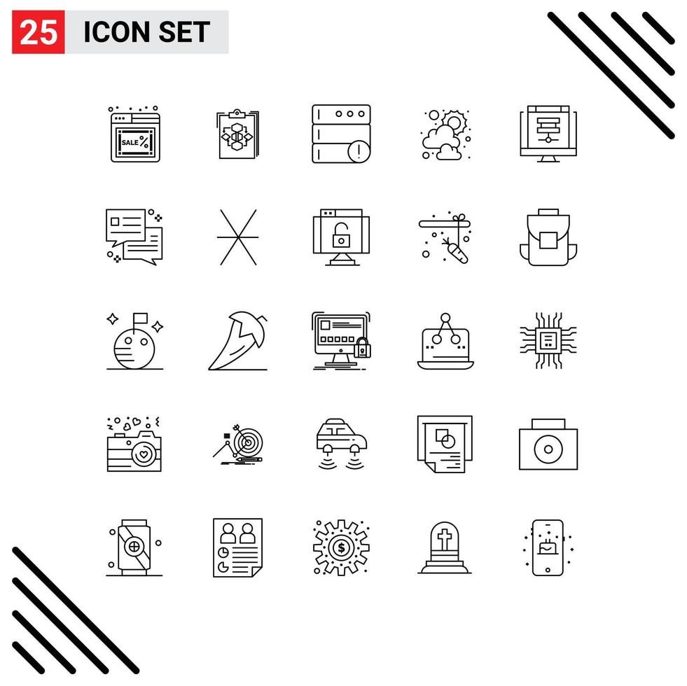 Editable Vector Line Pack of 25 Simple Lines of weather sun flow server alert Editable Vector Design Elements