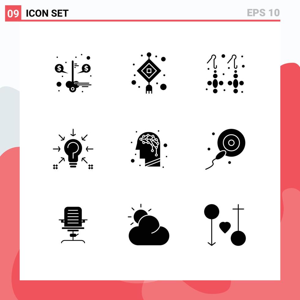 Modern Set of 9 Solid Glyphs and symbols such as artificial solution earring idea bulb Editable Vector Design Elements