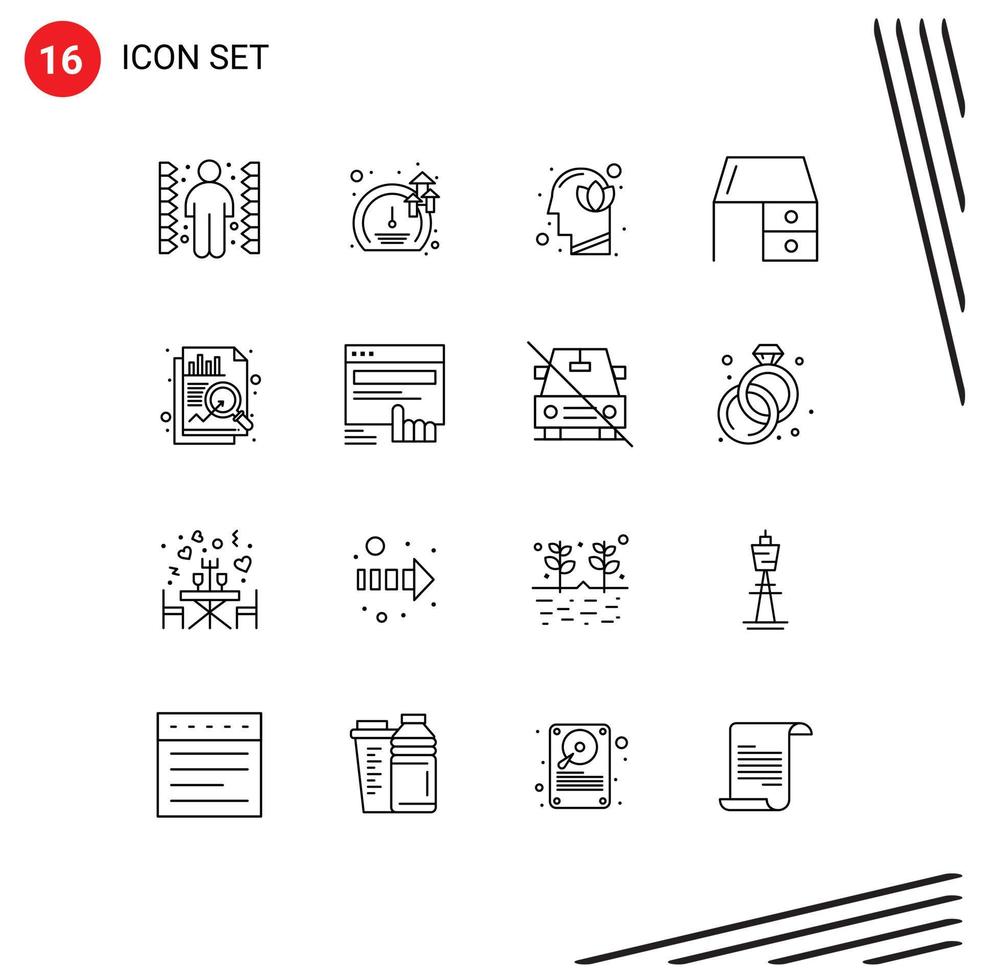 Pack of 16 creative Outlines of office material furniture flower desk drawer lotus Editable Vector Design Elements