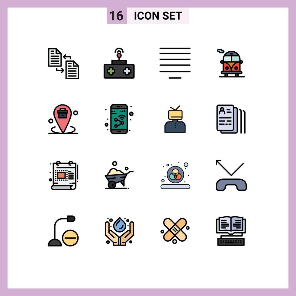 Group of 16 Flat Color Filled Lines Signs and Symbols for location business toy public transport bus Editable Creative Vector Design Elements