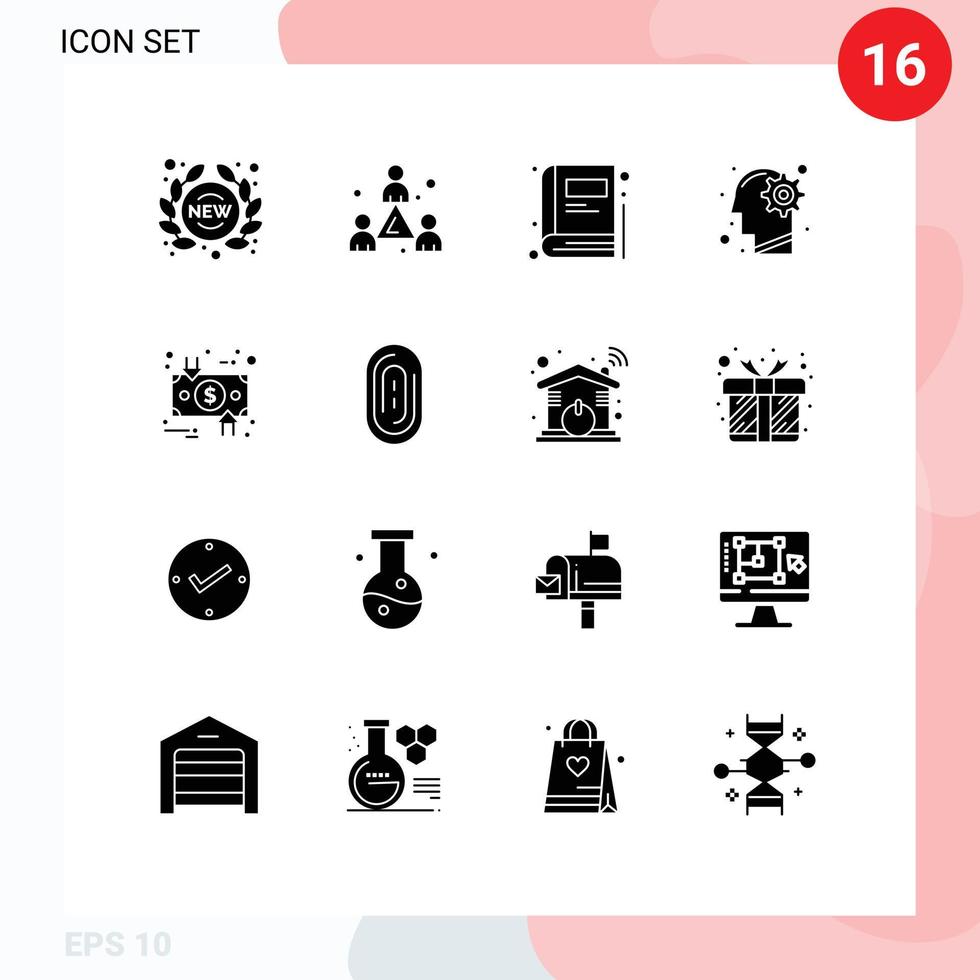 Universal Icon Symbols Group of 16 Modern Solid Glyphs of charge process team mind head Editable Vector Design Elements