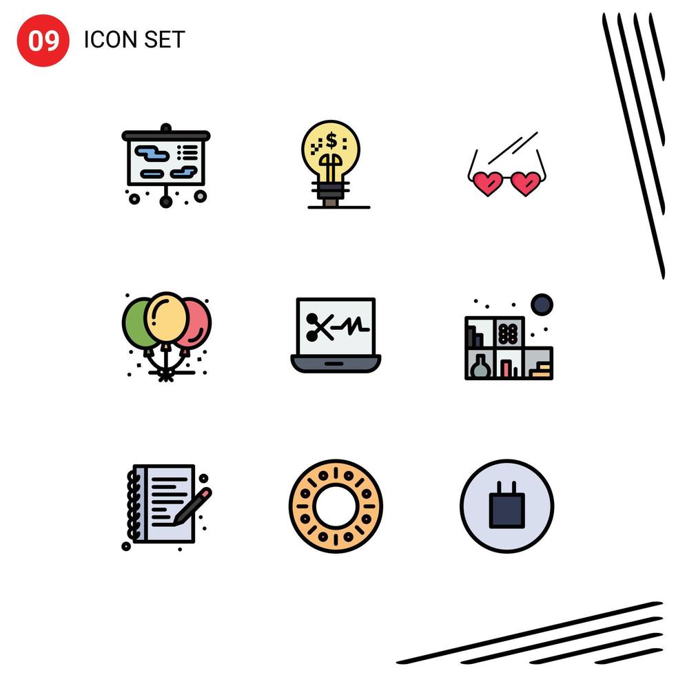 Mobile Interface Filledline Flat Color Set of 9 Pictograms of audio editing software party glasses celebration balloons Editable Vector Design Elements