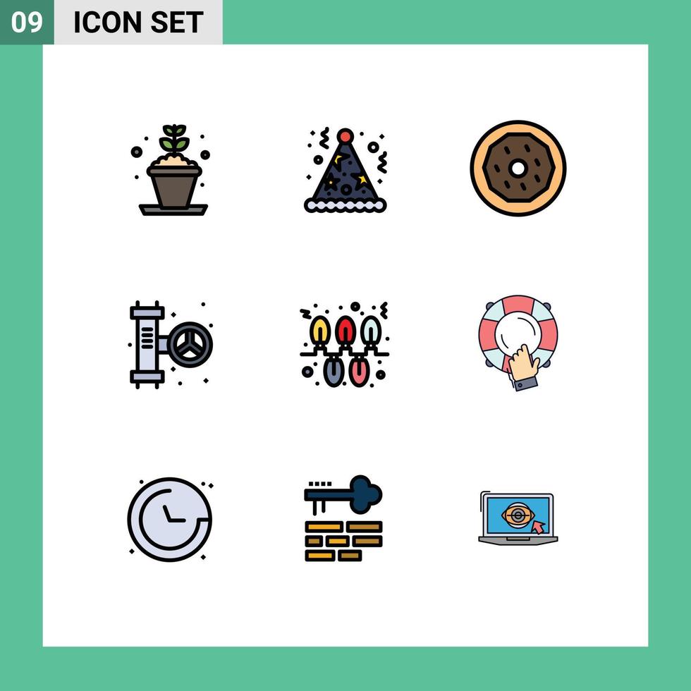 9 Thematic Vector Filledline Flat Colors and Editable Symbols of christmas system dessert plumbing mechanical Editable Vector Design Elements
