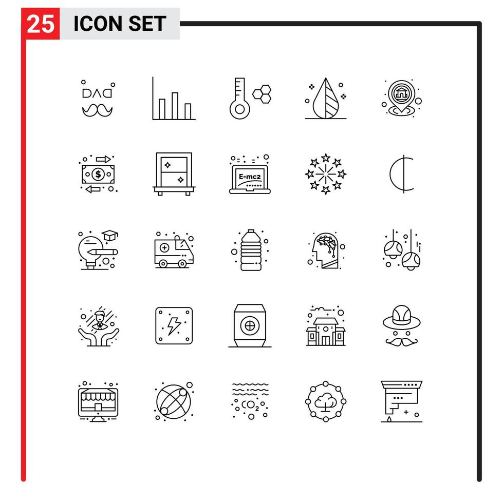 Pack of 25 Modern Lines Signs and Symbols for Web Print Media such as map home temperature meter gps invert Editable Vector Design Elements