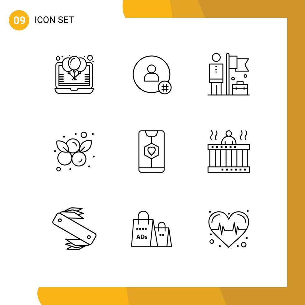 9 User Interface Outline Pack of modern Signs and Symbols of fruit blueberries twitter berry businessman Editable Vector Design Elements