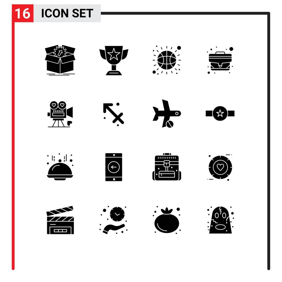 16 Thematic Vector Solid Glyphs and Editable Symbols of camera office prize case sport Editable Vector Design Elements