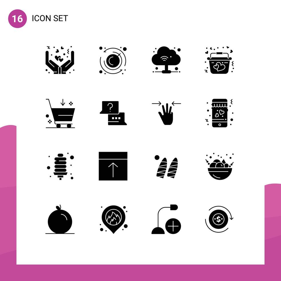 Set of 16 Vector Solid Glyphs on Grid for e cart internet buy love Editable Vector Design Elements